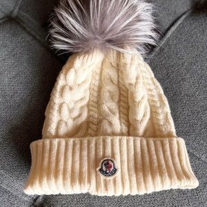 Moncler Ivory Cable Knit Hat with Pom-Pom